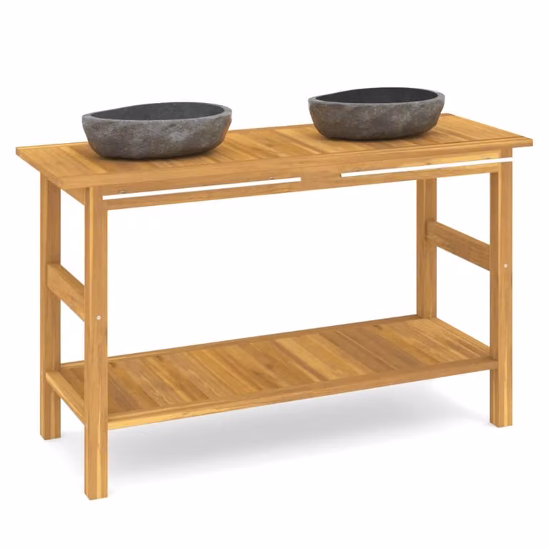 vidaXL Wastafel met wasbak van riviersteen en massief teak hout