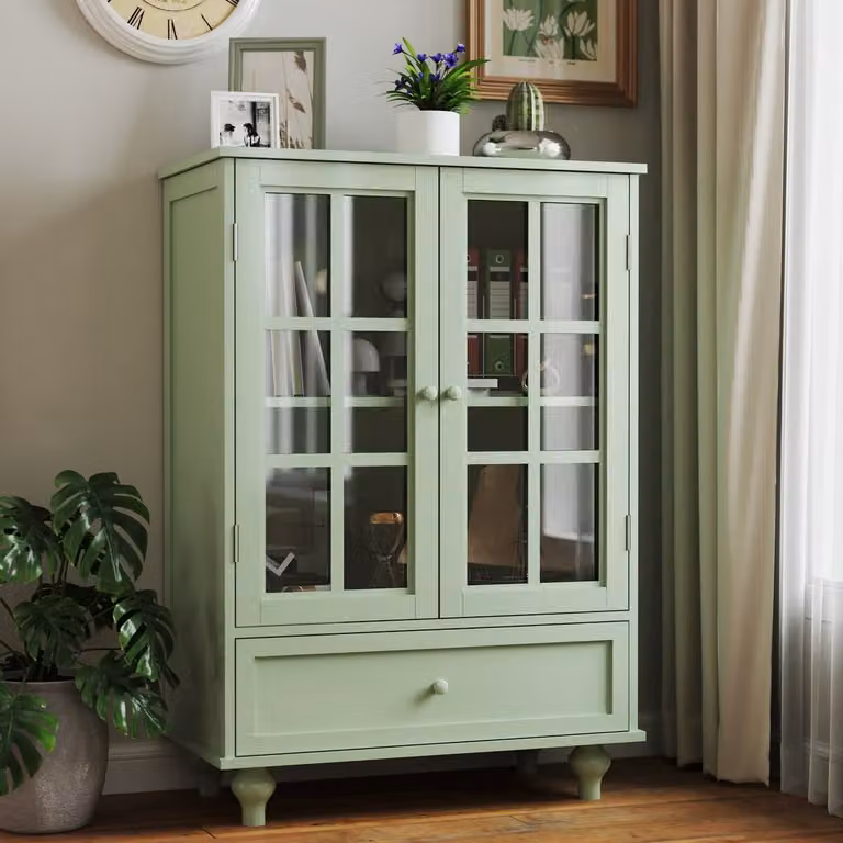 MEUNIQ Buffetkast met dubbele glazen deuren en lade, mintgroen, B: 71 cm, D: 38 cm, H: 96,5 cm