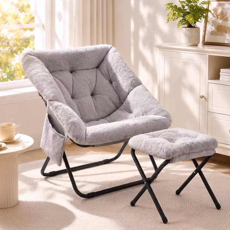 Grijs Relaxstoel met Voetenbank – Inklapbare Lounge Fauteuil met Zachte Pluche Bekleding en Metalen Frame