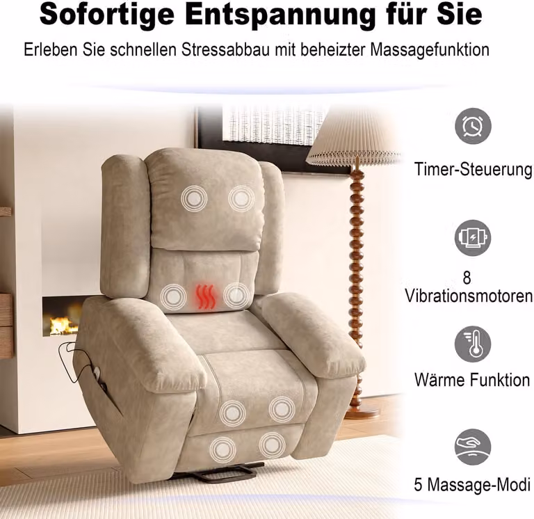 Elektrische massagestoel met sta-opfunctie en 8 verwarmingspunten, verstelbare tv-stoel voor woonkamer of slaapkamer, beige, B/D/H: 102 x 93 x 106 cm