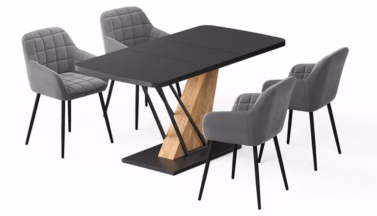 Vicco Fenaro Eettafelset met 4 eetkamerstoelen, Zwart/Goudkleurig Eiken, B: 120 cm, D: 80 cm, H: 76 cm