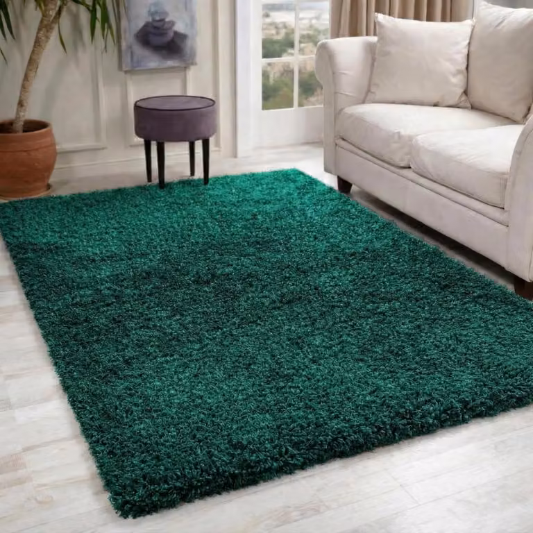 Effen Shaggy vloerkleed voor de woonkamer, smaragd, 120 x 170 cm