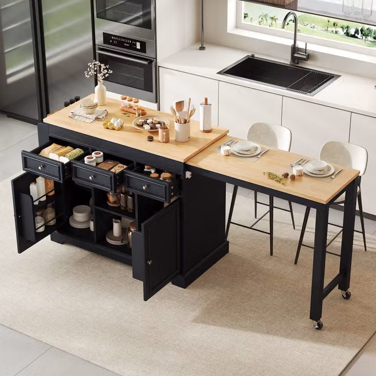 PHOEBE CAT Dressoir Keukeneiland met uitschuifbare eettafel en 3 lades - Zwart + Naturel Houtlook