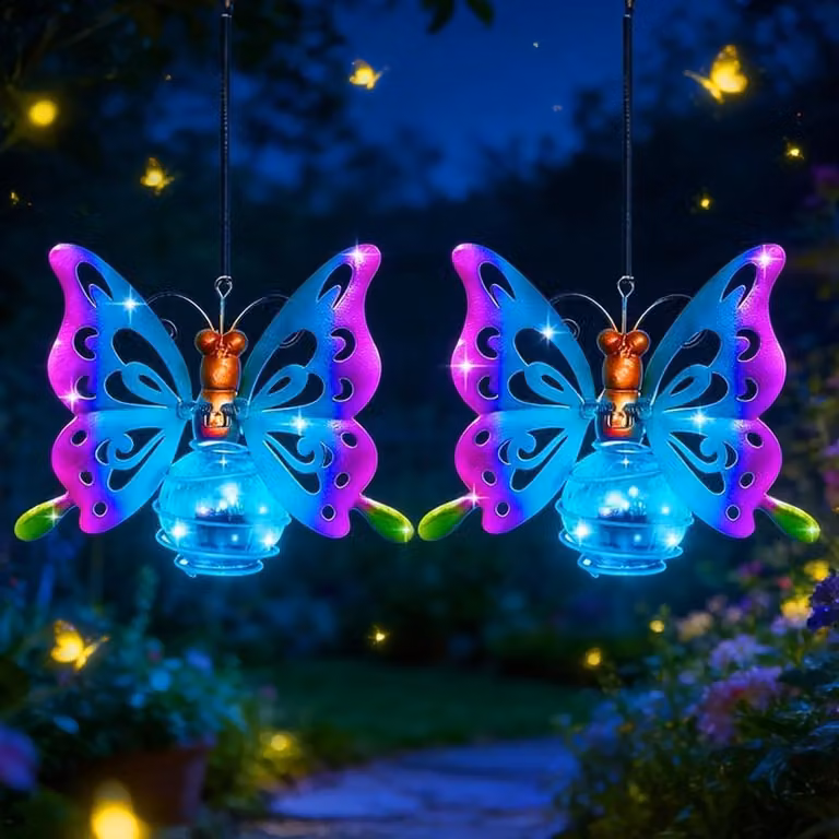 Set van 2 Decoratieve Vlinder Hanglampen op Zonne-energie met LED-verlichting voor Tuin en Terras