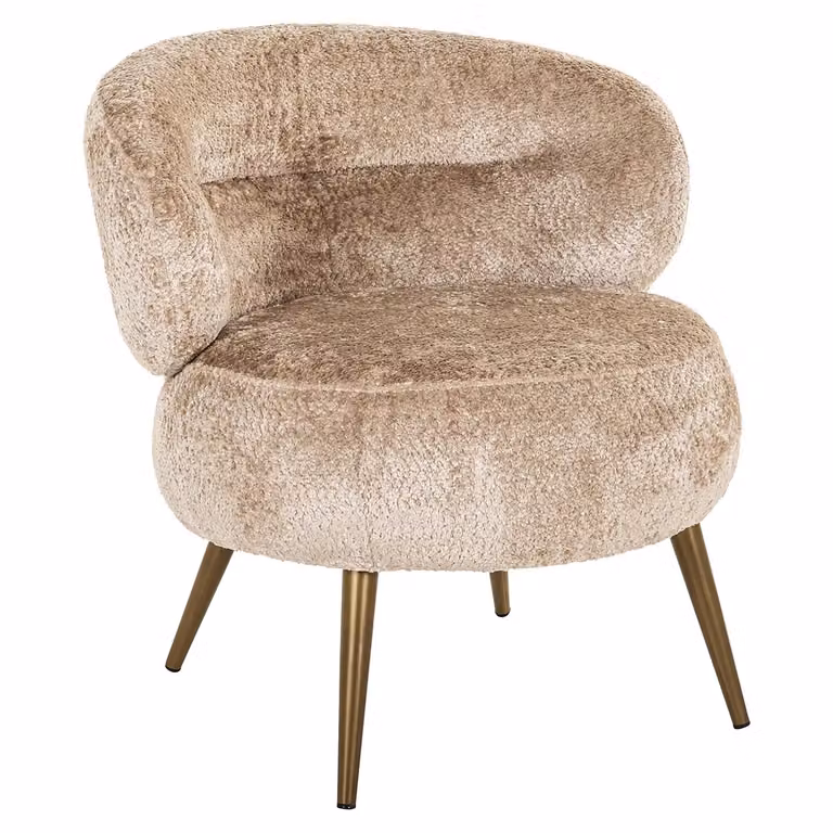 Richmond Interiors Fauteuil Sabor Lounge Stoel met Armleuningen, Beige en Goud, Bouclé Stoffering