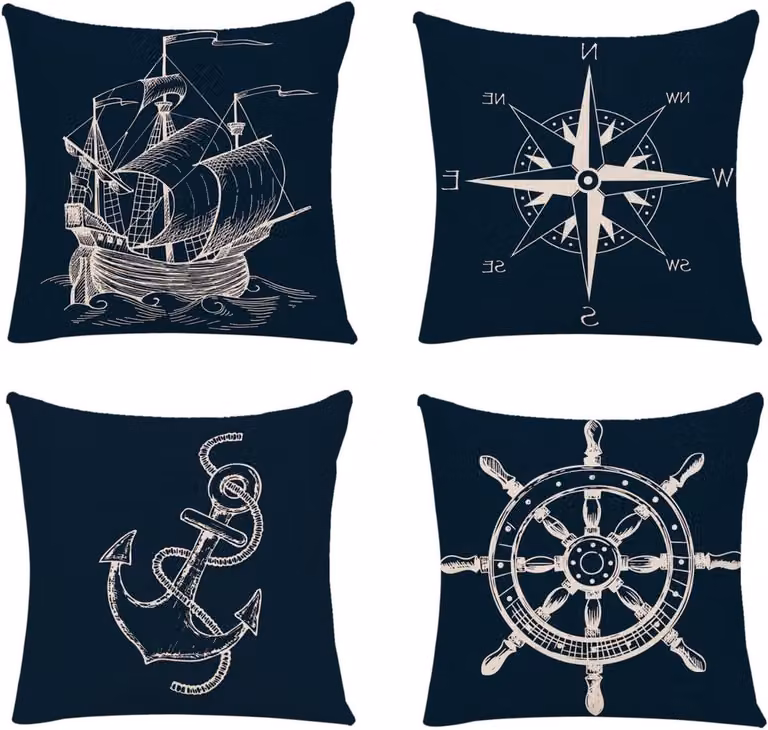 Set van 4 decoratieve kussenhoezen met maritiem motief voor bank, bed of auto