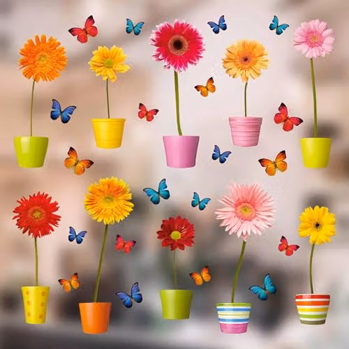 Stickers4 Raamstickers Bloempotten en Vlinders - 10 Stuks Kleurrijke Decoratie met Statische Hechting