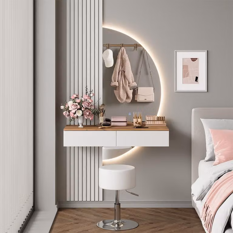 Vicco Melina Kaptafelset met kruk en LED-spiegel, Wit/Eiken, Breedte: 100 cm