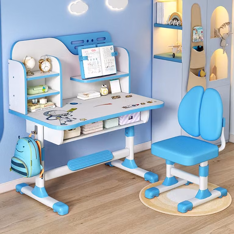 Blauwe Kinderbureau Stoelset met Verstelbare Tafel voor Kinderkamers, Hoogte Verstelbaar tot 101 cm