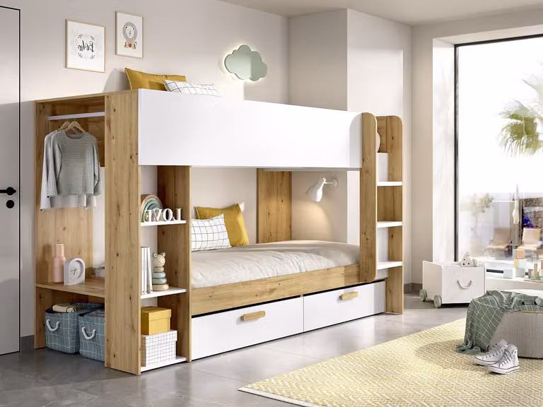OSANA Stapelbed voor kinderen met opbergruimte en hangkast, Wit en houteffect, B/D/H: 180 x 90 x 200 cm