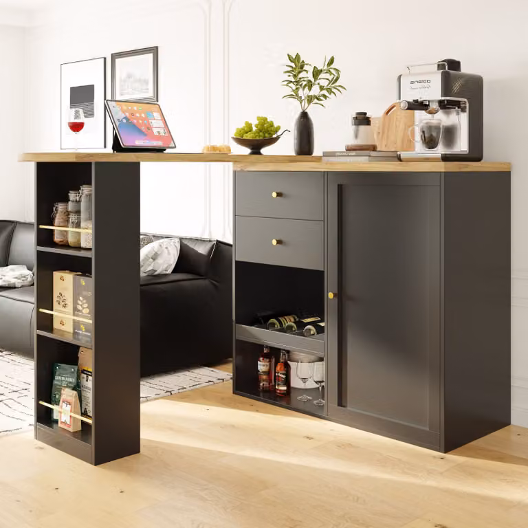 Aosom 360 graden draaibare bartafel met 2 lades en schuifdeurkast, zwart