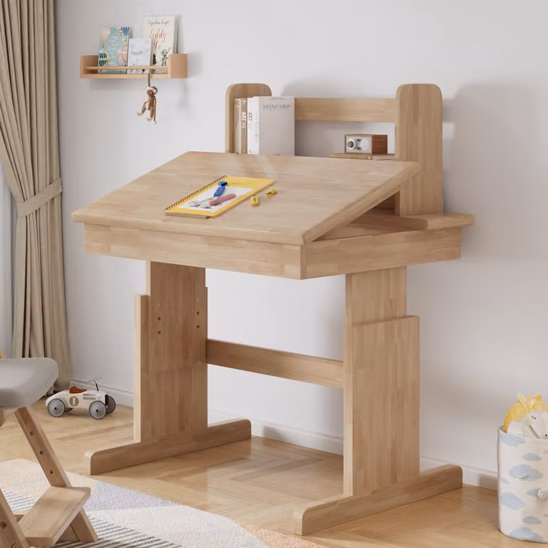 CHICFURN Kinderbureau met kantelbaar blad en verstelbare hoogte, naturel hout