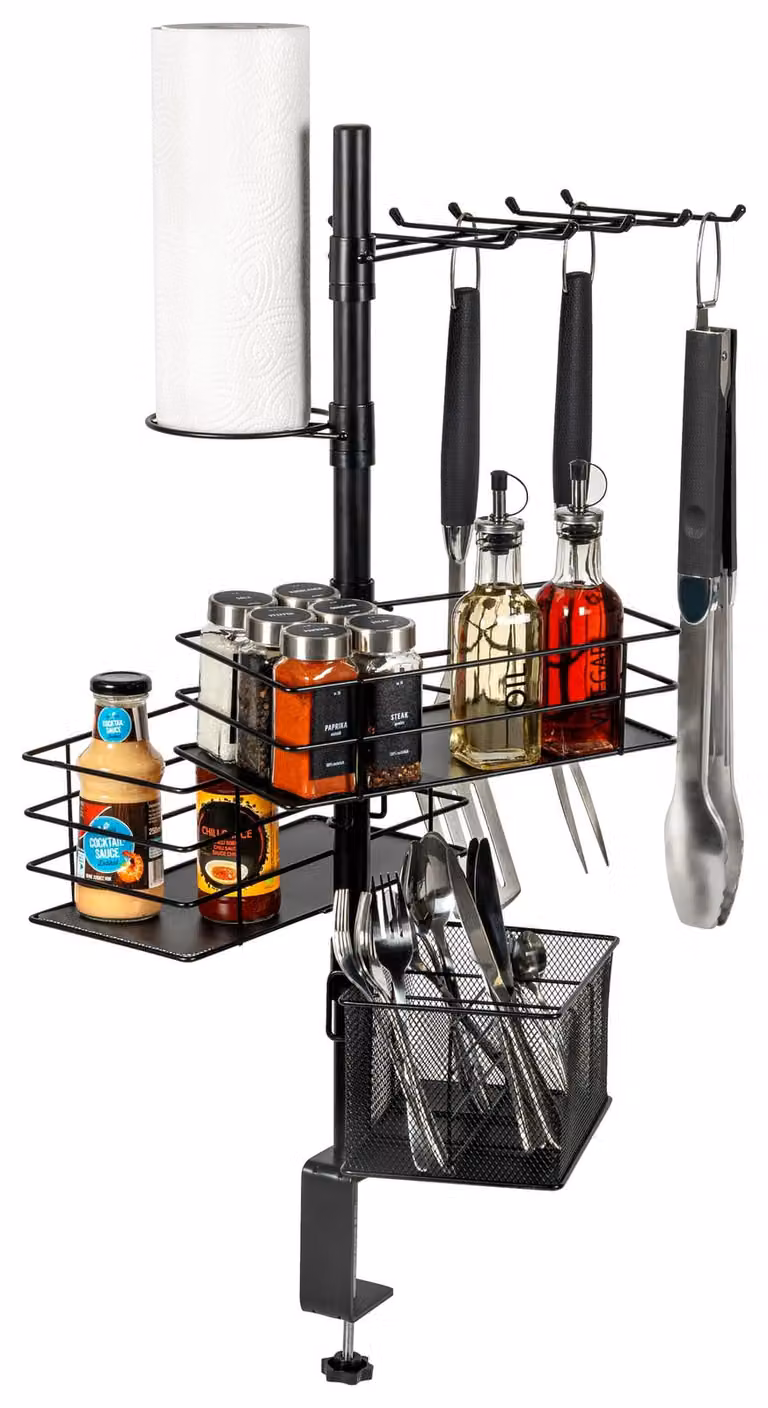 Eluno 5-in-1 klembare grillaccessoire-organizer voor BBQ buitenkeuken, zwart metaal
