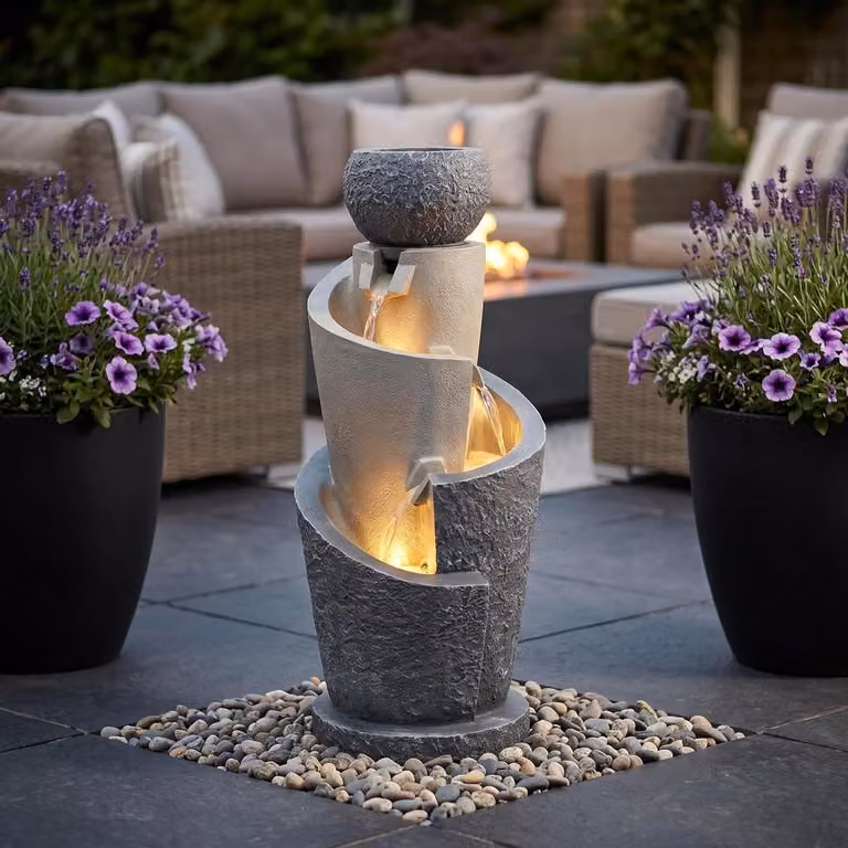 Tuinfontein met LED en decoratief bekken in grijs beige, Hoogte: 66 cm