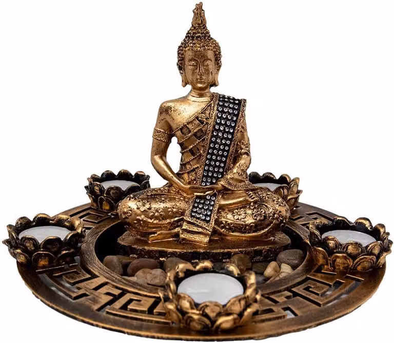 Buddha Tealight Set met Gouden Kaarsenhouder voor Spirituele Zen Decoratie, B/D/H: 27 x 27 x 20 cm