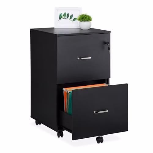 Relaxdays Ladeblok met 2 lades en hangmappenhouder, zwart, H 72 x B 43 x D 46 cm
