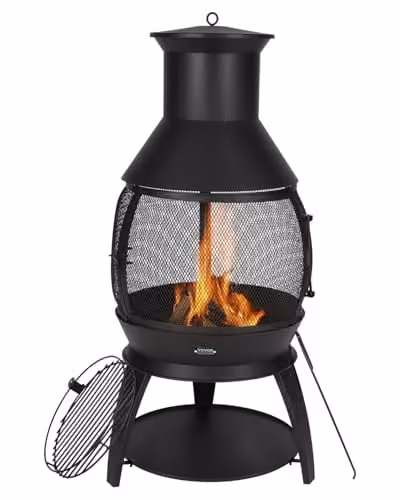 VEVOR Chiminea Tuinhaard in zwart staal met grillrooster en afdekking, B/D/H: 55,9 x 50 x 110 cm