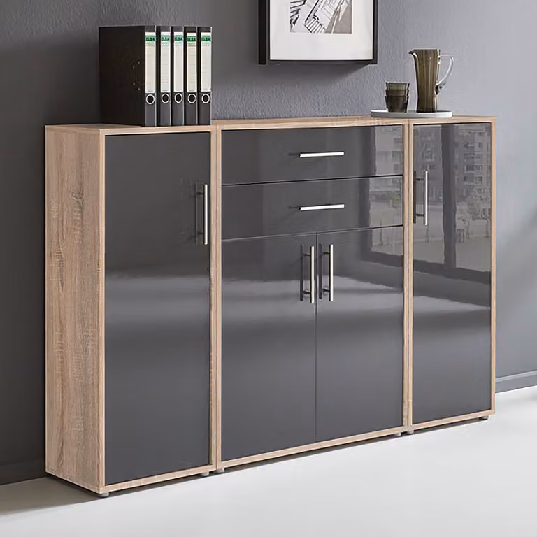 home24 Kastenset 3-delig modern met deuren en laden, bruin/Sonoma eikenhout en antraciet hoogglans, B/D/H: 114 x 33 x 85 cm
