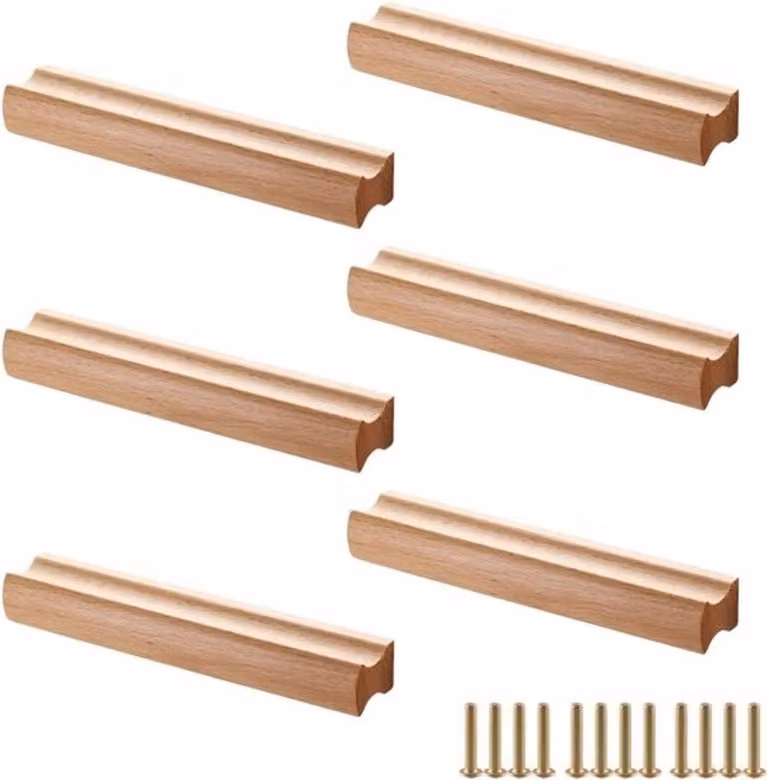 Set van 6 houten meubelgrepen met schroeven, gatafstand 64 mm voor keukens en badkamers