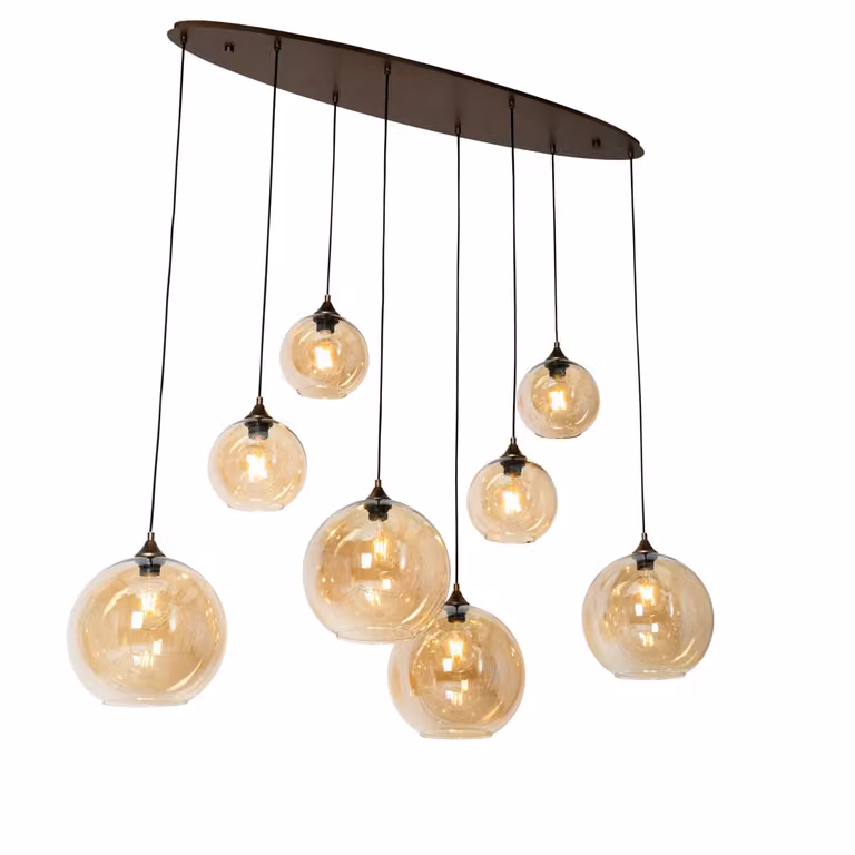Qazqa Smart hanglamp donkerbrons met amber glas ovaal 8-lichts