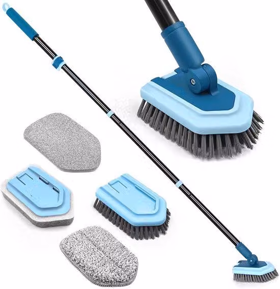 JEHONN Schrobber met uitschuifbare steel en reinigingsborstel voor de vloer en badkamer, Blauw, Steelhoogte: 130 cm