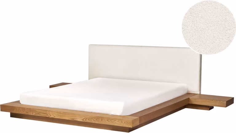 Zen Modern Tweepersoonsbed met Nachtkastjes en Bouclé Hoofdbord in Natuurlijk Essenhout - 160 x 200 cm
