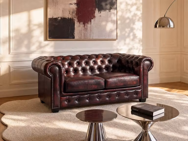 Chesterfield Tweezitsbank BRENTON van 100% buffelleer in cherry