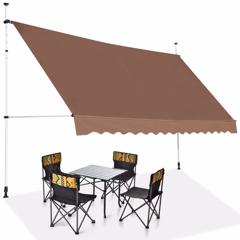 Costway Klemmmarkies 400 cm Breed Balkonmarkies Zonder Boren UV-bestendig Hoogteverstelbaar Bruin