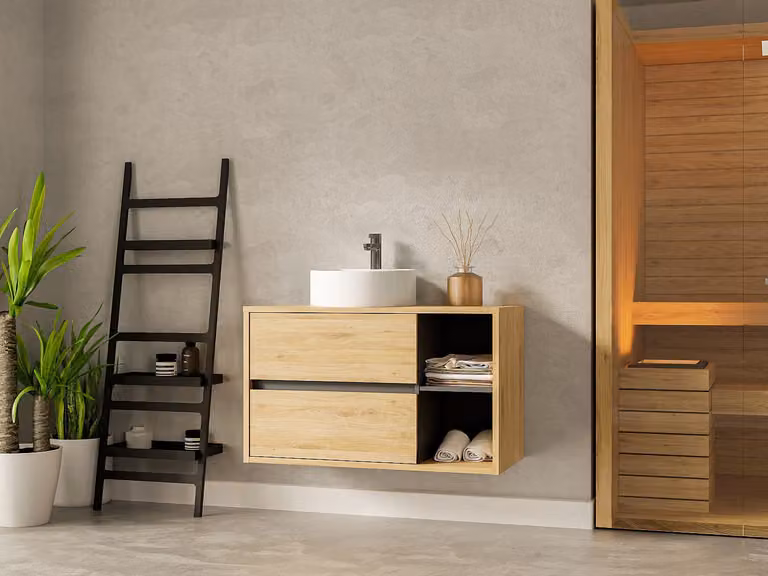 PURNAL Hangmeubel voor badkamer met ronde wastafel, Naturelkleurig, Breedte: 100 cm