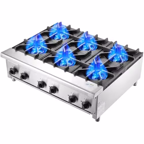 VEVOR Commercieel gasfornuis met 6 branders, roestvrijstalen kookplaat voor propaan en aardgas, zilver, B/D/H: 91,5 x 77,5 x 33,5 cm