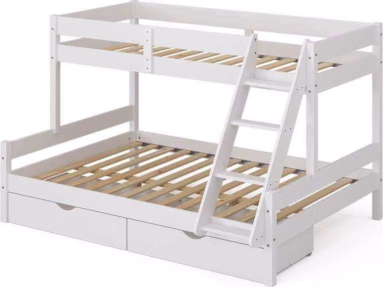 Vitalispa Everest Stapelbed Wit met laden voor kinderen, Massief hout, B/D/H: 140 x 200 cm / 90 x 200 cm