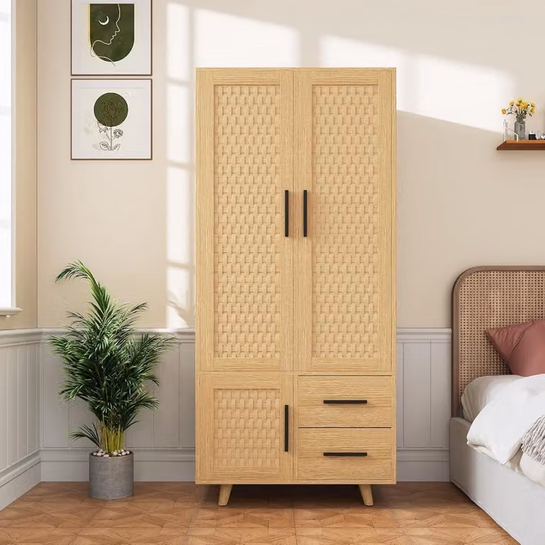 Scandinavisch Dressoir met Rattan Inzet en Lades in Eikenkleur, Breedte: 50 cm