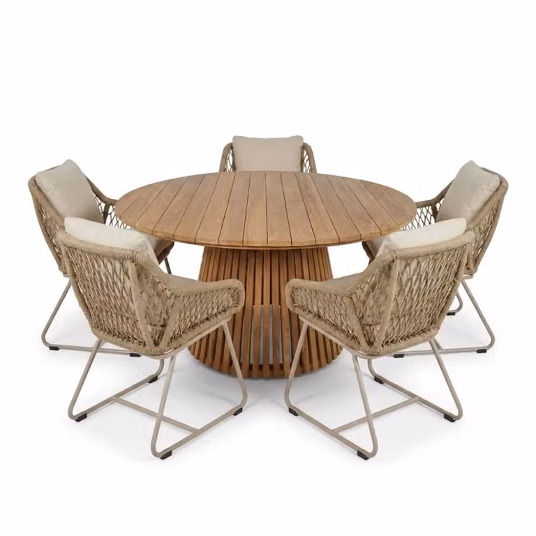 Palau/Portofino Sandstone eettafelset voor 5 personen met teakhout en touw, Ø140 cm