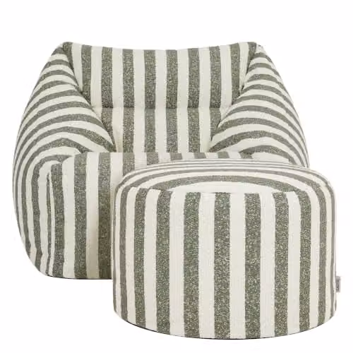 icon Natalia Gestreepte Zitzak Fauteuil en Hocker met Vulling, Groen, Bouclé Stof