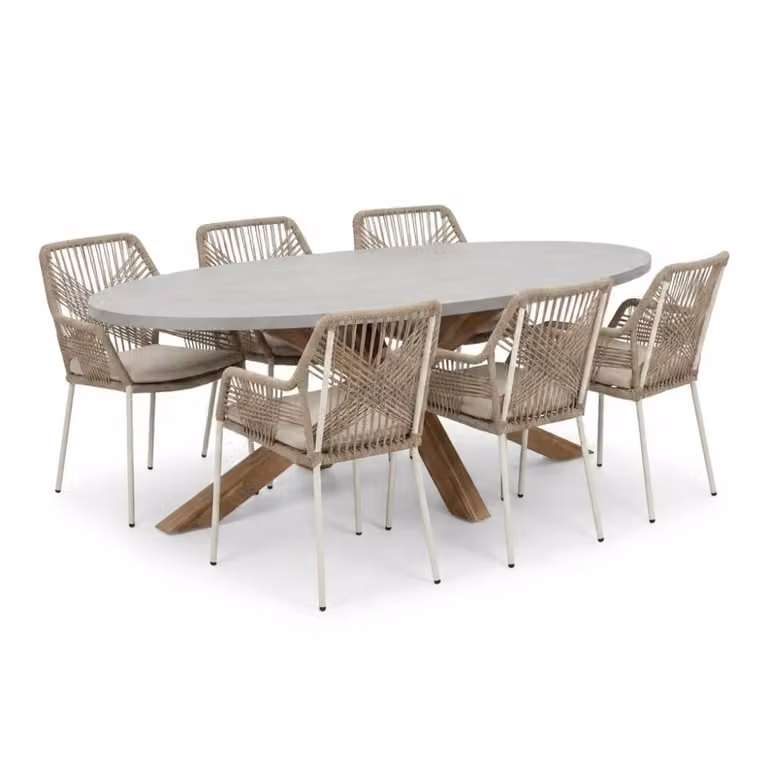 Livorno/Seville beige eettafelset voor 6 personen van polystone en touw, Breedte: 240 cm