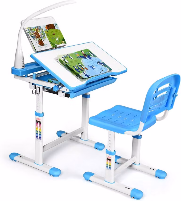 In hoogte verstelbaar kinderbureau set met stoel en boekenstandaard, Blauw, B: 73 cm, D: 58 cm, H: 76 cm