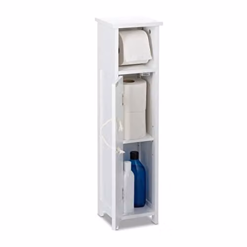 Relaxdays Staande wc rolhouder wit, smalle badkamerkast met deurtjes en interne planken, H x B x D: 71 x 18 x 20 cm