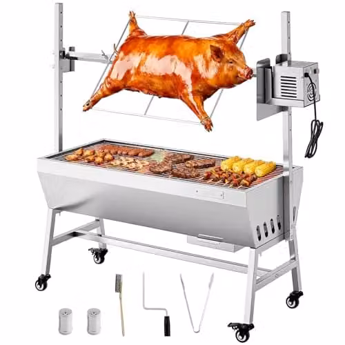 VEVOR Elektrische Rotisserie Grill van Roestvrij Staal met Wielen, Zilver