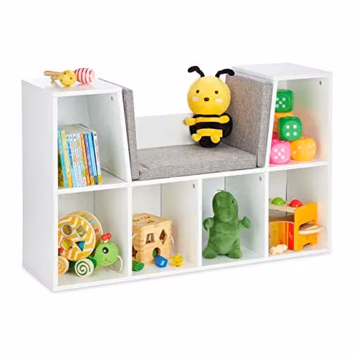 Relaxdays Boekenkast met kussen voor de kinderkamer, 6 vakken, wit/grijs, B: 103 cm, H: 63 cm, D: 30 cm
