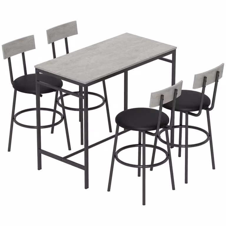 HOMCOM 5-delige Bartafelset met 4 Krukken, Industrieel Design, Lichtgrijs