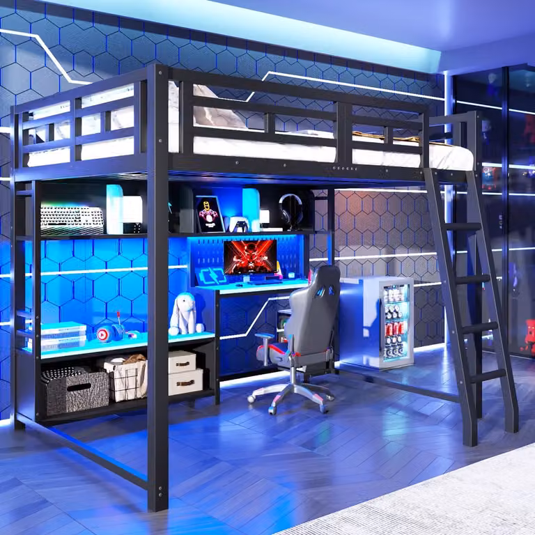 Metalen stapelbed voor kinderen met bureau in gaming-stijl, LED-verlichting en opbergrekken, Zwart+Blauw, 140x200 cm