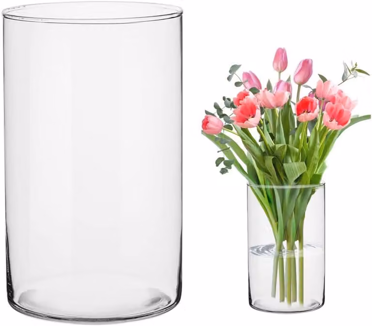 Grote glazen cilindervaas voor bloemen en pampasgras, Hoogte: 25 cm