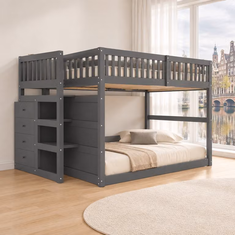WUVRIE Stapelbed voor kinderen met trap en 4 lades, grijs, 140 x 200 cm
