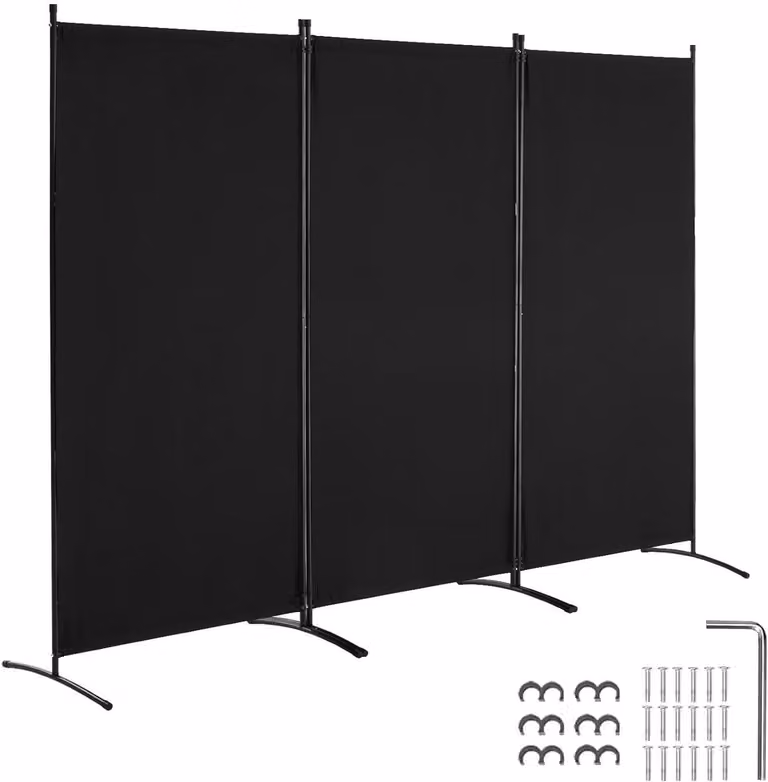 Ruimteverdeler met 3 panelen - Privacy scherm kamerverdeler - Zwart - Breedte: 260 cm, Hoogte: 184 cm