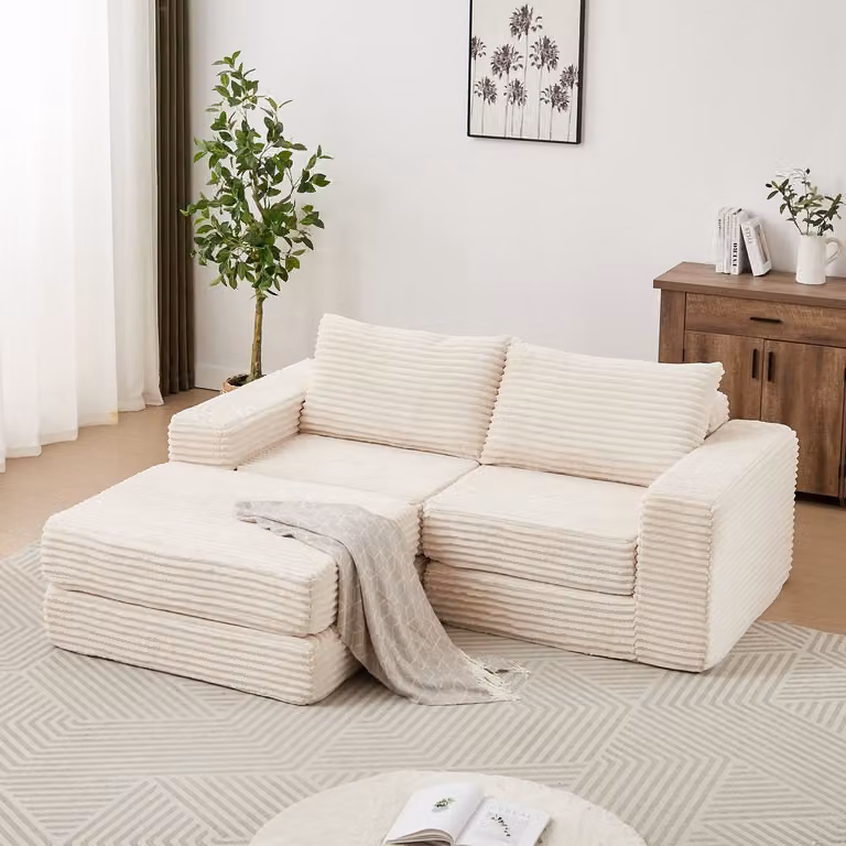 STILVORA Slaapbank Cord Beige - Modulaire L-vormige Bank en Bed met Verplaatsbare Hocker en Zitkussens