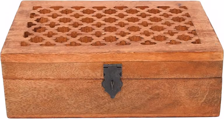 Decoratieve houten kist organizer met scharnierend deksel en Jali houtsnijwerk