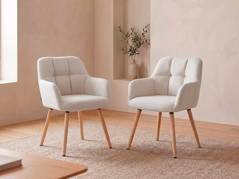 Set van 6 stoelen met armleuningen van stof en beukenhout in beige - PEGA