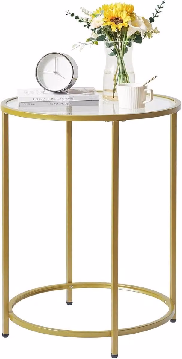 Ronde Bijzettafel van Gelaagd Glas met Metalen Frame voor Woonkamer, Balkon of Kantoor, B/D/H: 50 x 50 x 65 cm