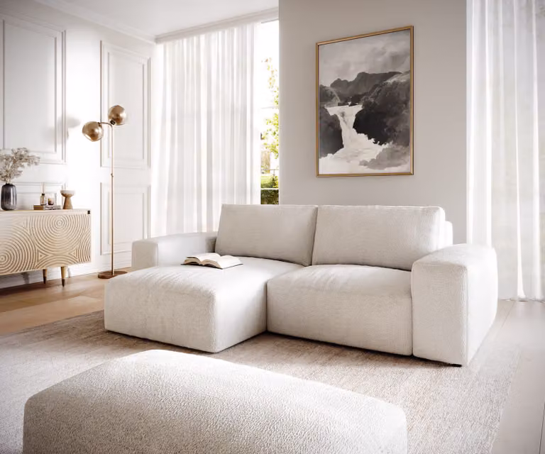 DELIFE Hoeksofa Lanzo, moderne L-vormige bank in bouclé wit met variabele recamière en hocker, B/D/H: 233 x 155 x 103 cm