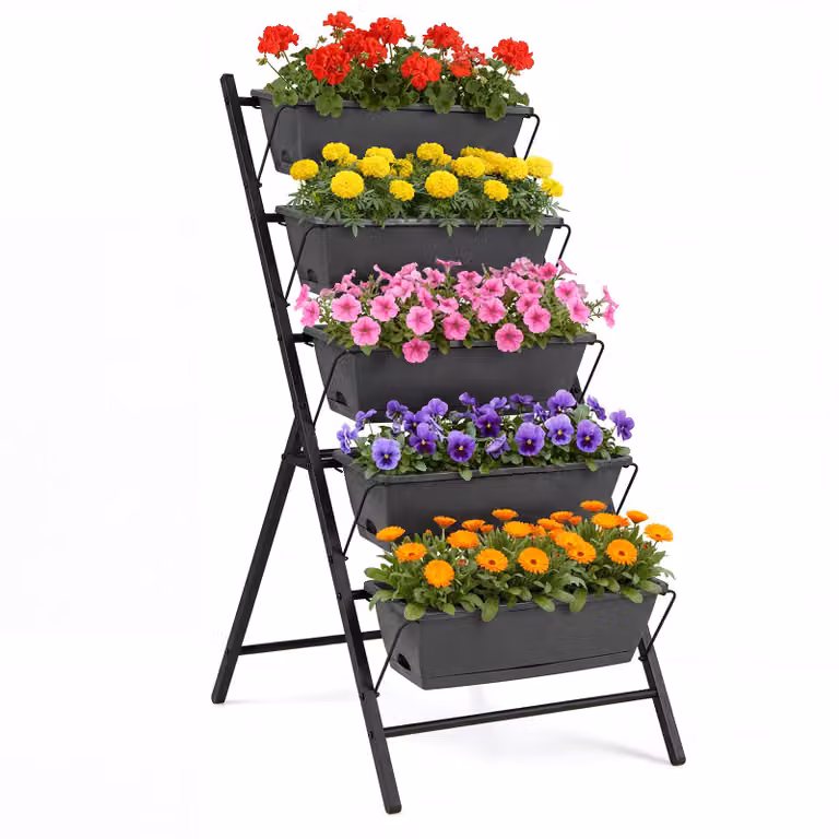 Costway 5-traps Verticale Verhoogde Plantenbed met 5 Uitneembare Bloembakken en Drainagegaten Zwart